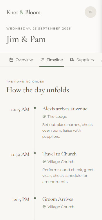 The Knot & Bloom client app showing a wedding day timeline of how the day unfolds